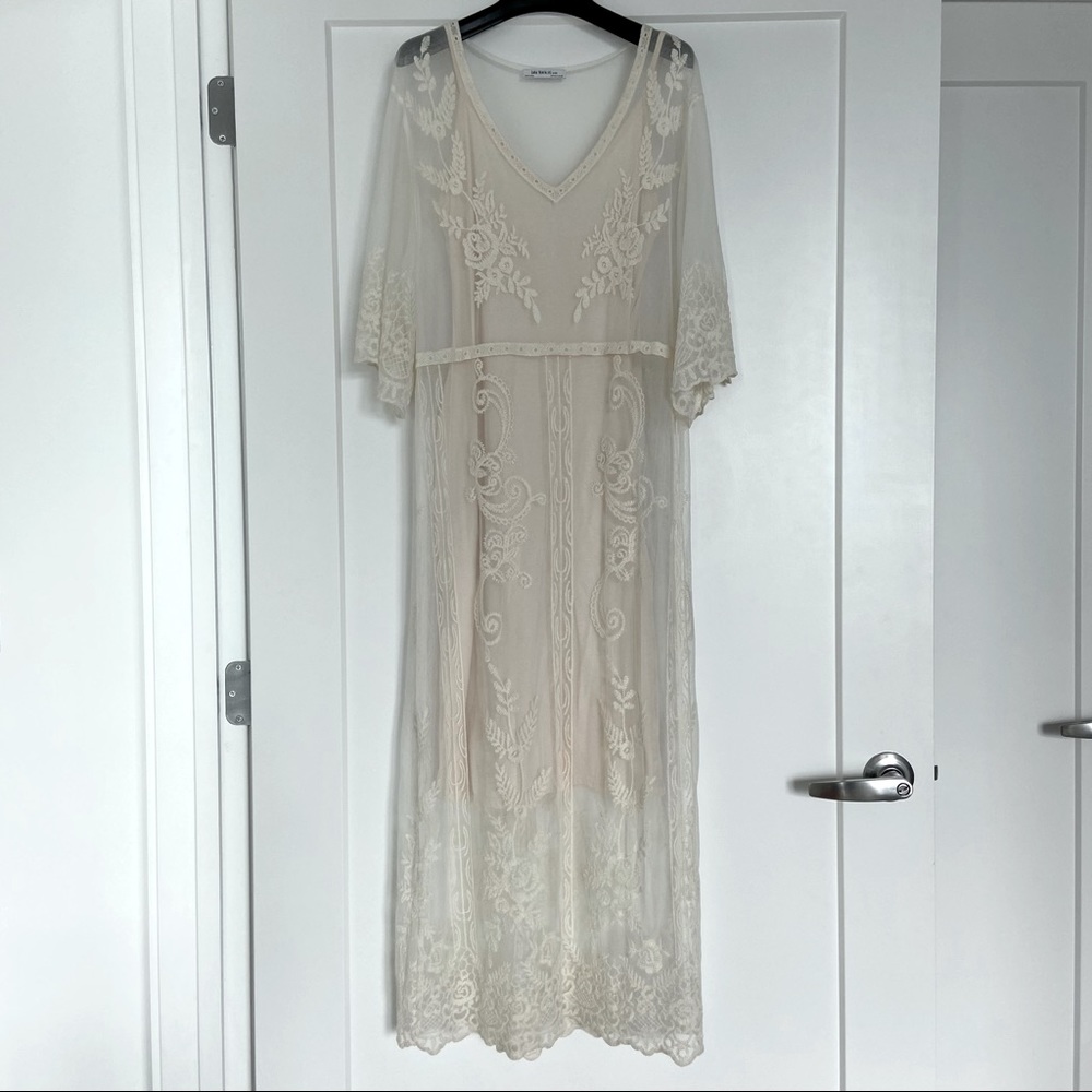 Zara Lace Embroidered Cream Boho Maxi Dress
